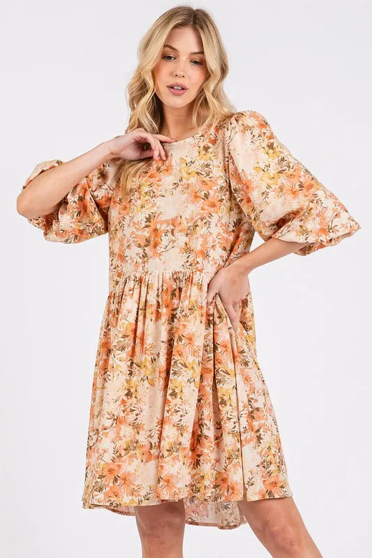 Flower Print Linen Blend Babydoll Mini Dress