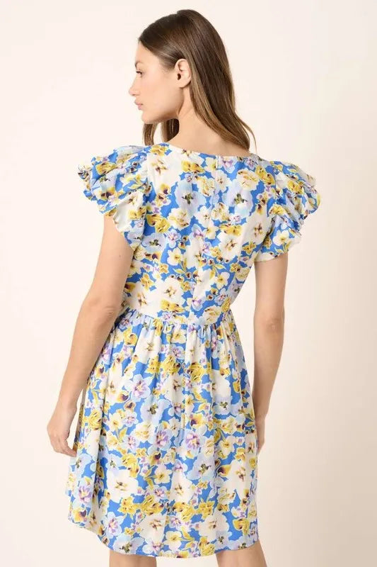 Floral V-Neck Cap Sleeve Mini Dress