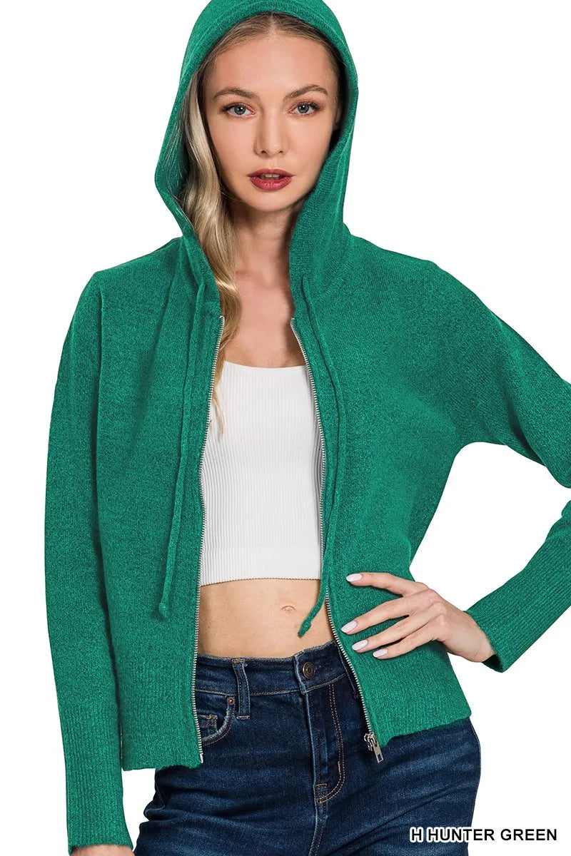 Drawstring Zip Up Hooded Cardigan