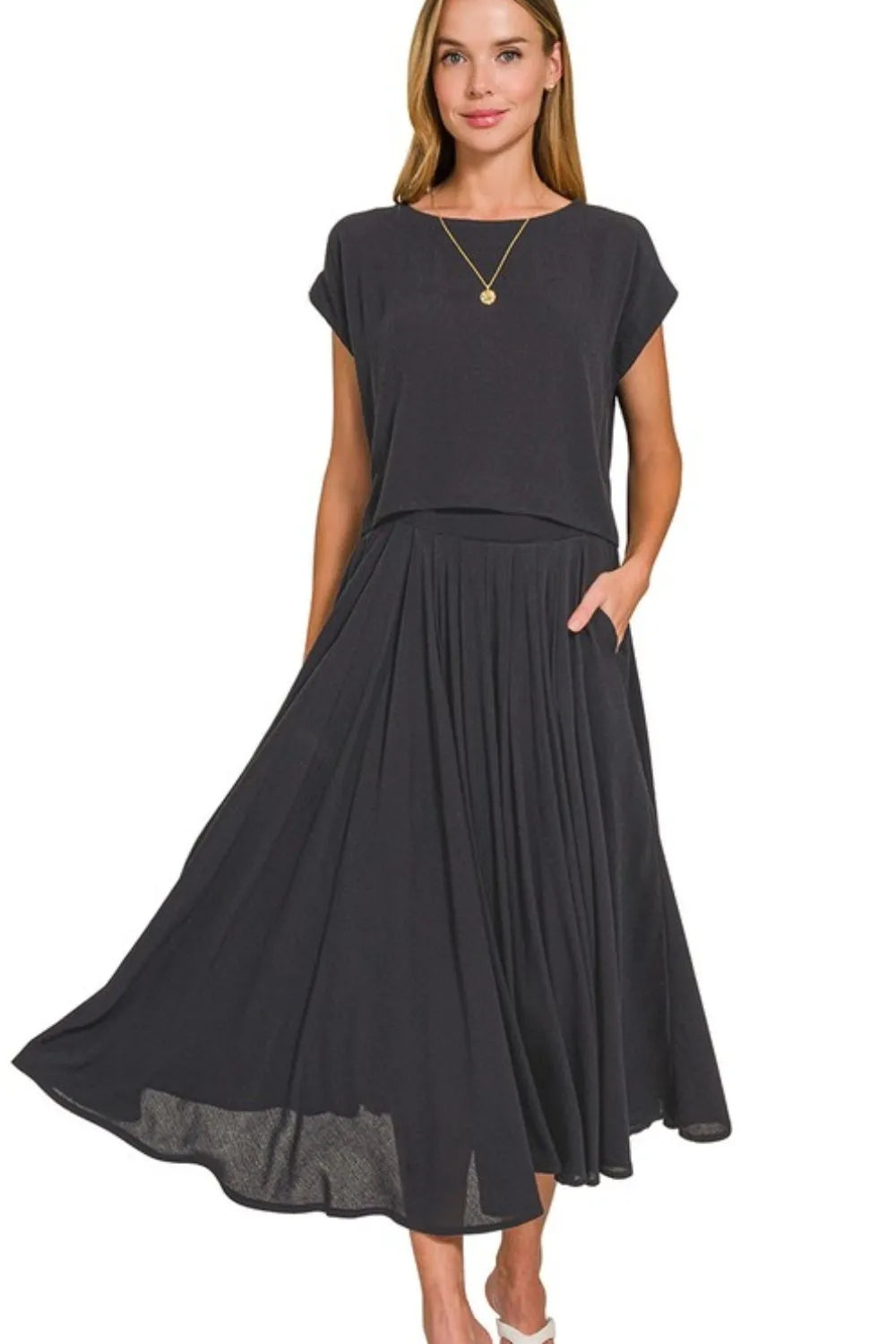 Woven Crinkle Gauze Crop Tee and Skirt Set