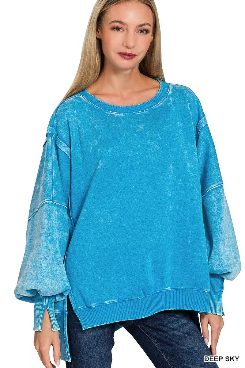 Acid Washed Batwing Sleeve Fleece Sweatshirt