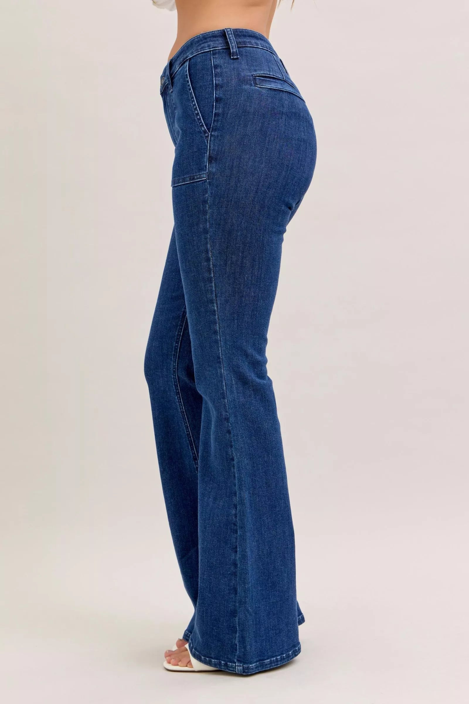 High Waist Flare Jeans with Front Patch Pockets