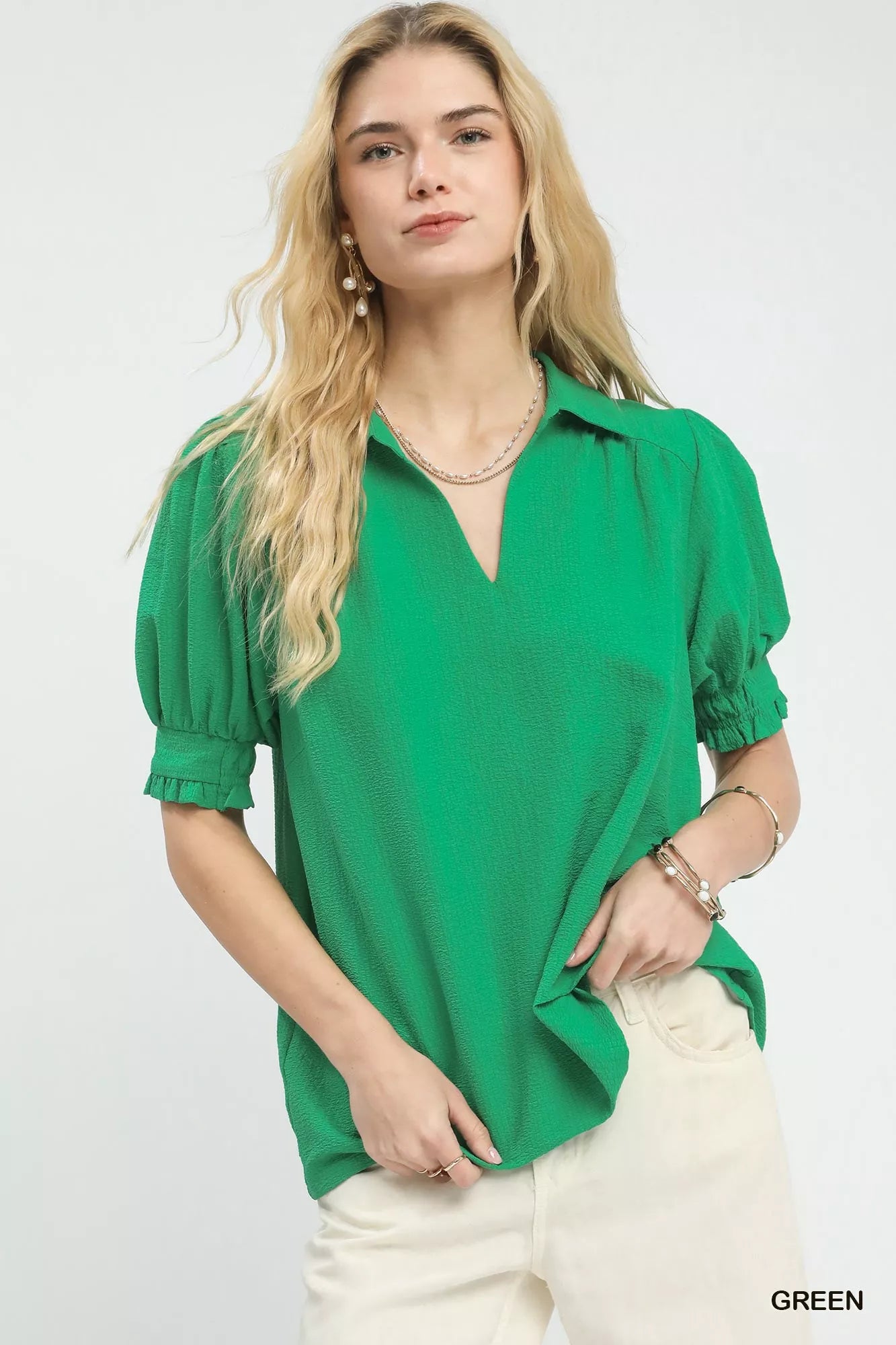 Seersucker Puff Sleeve Blouse
