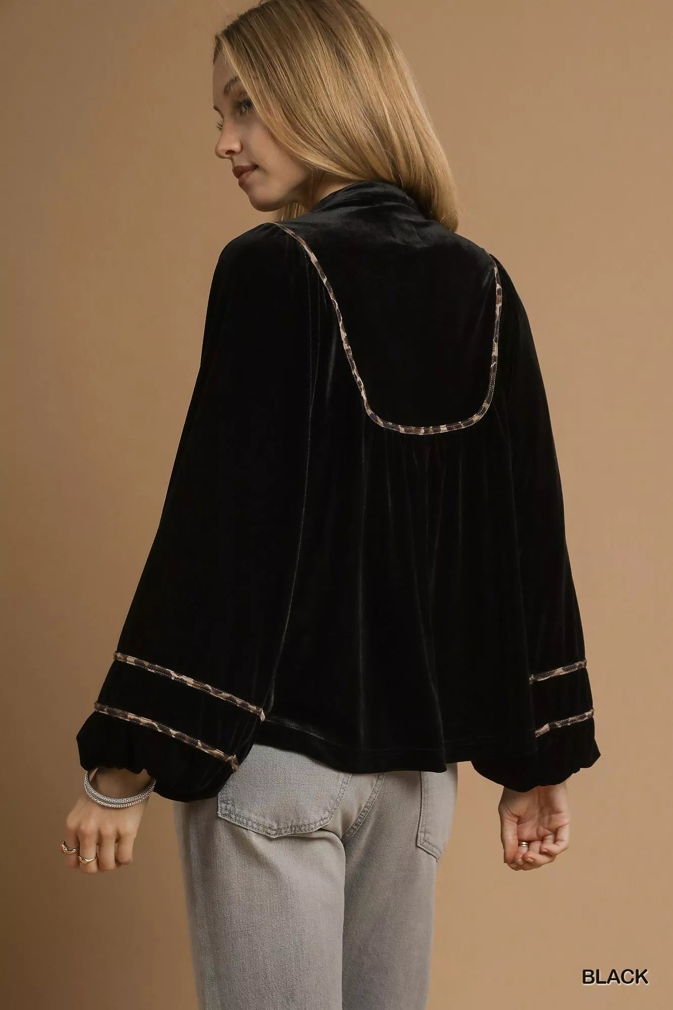 Velvet Long Sleeve Blouse with Contrast Trim