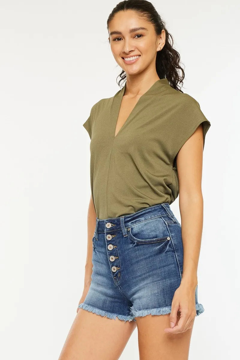 Kancan High Rise Frayed Hem Denim Shorts