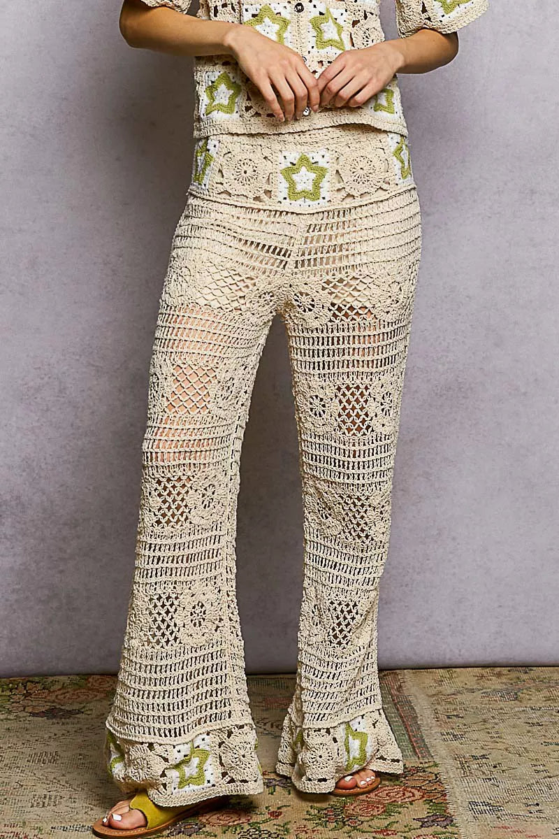 Openwork Crochet Flare Pants with Contrast Star