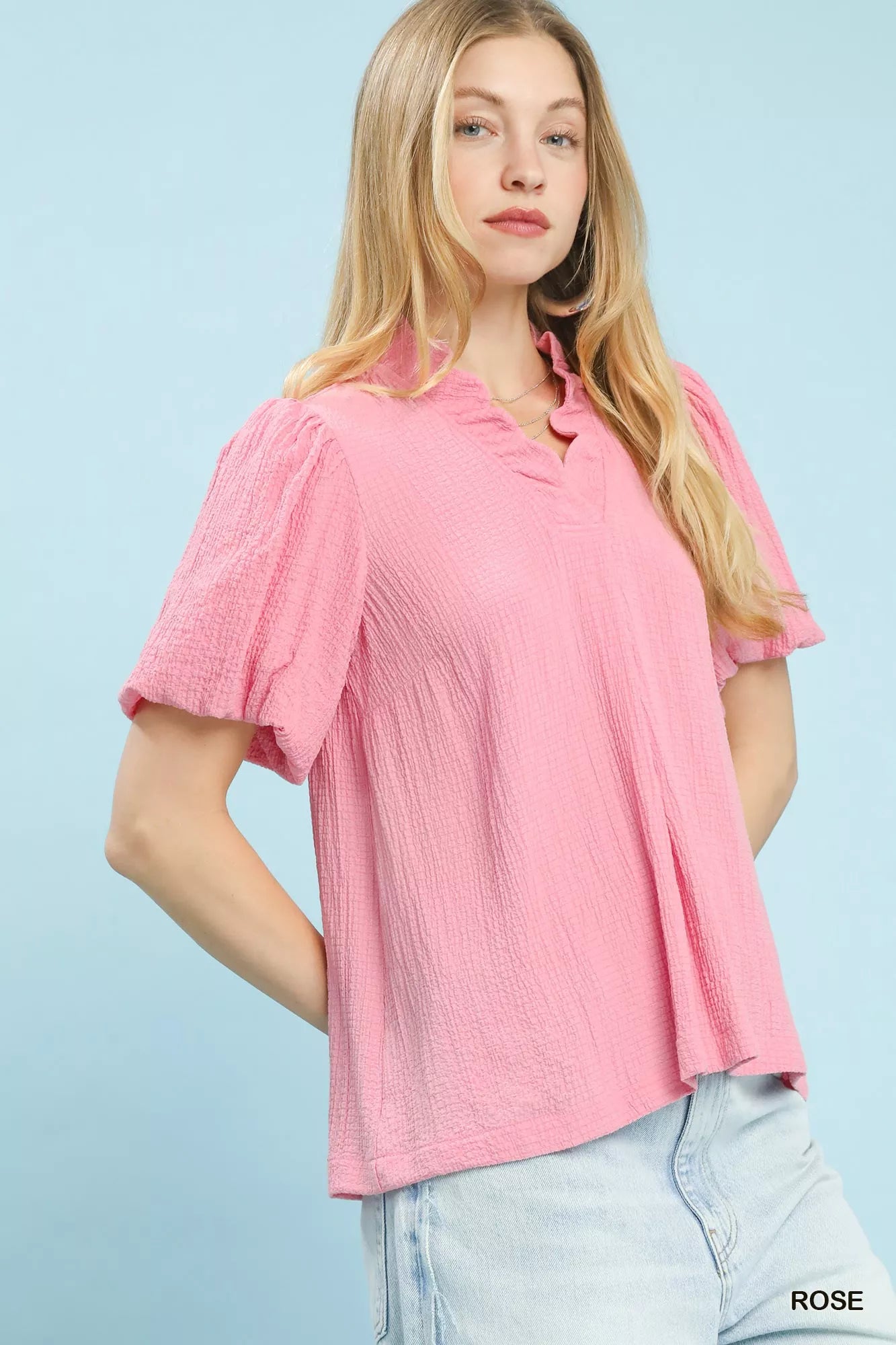 Seersucker Puff Sleeve Blouse