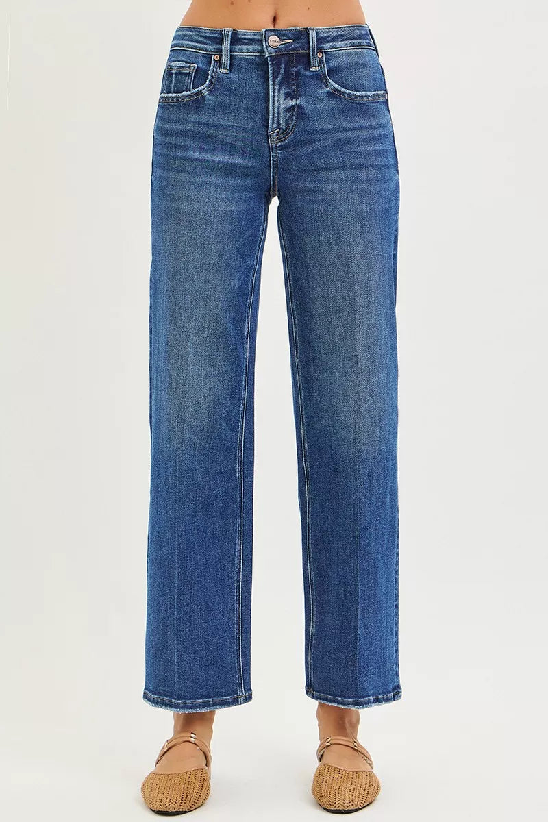 Tummy Control High Rise Ankle Straight Jeans with Crease Line