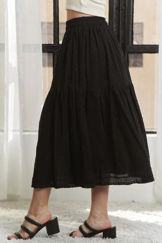 Elastic Waistband Tiered Midi Skirt