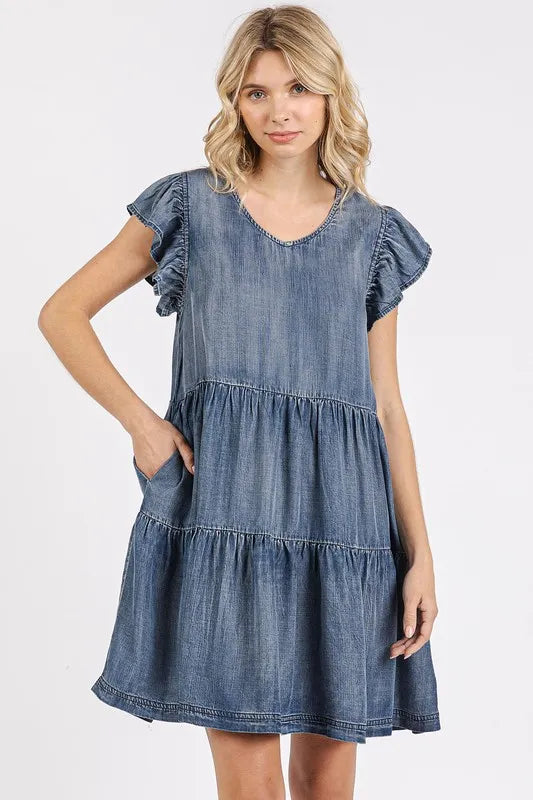 V-Neck Ruffled Cap Sleeve Mini Dress