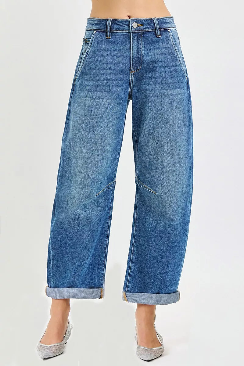 Slouchy Cropped Barrel Jeans With Cuffed Hem