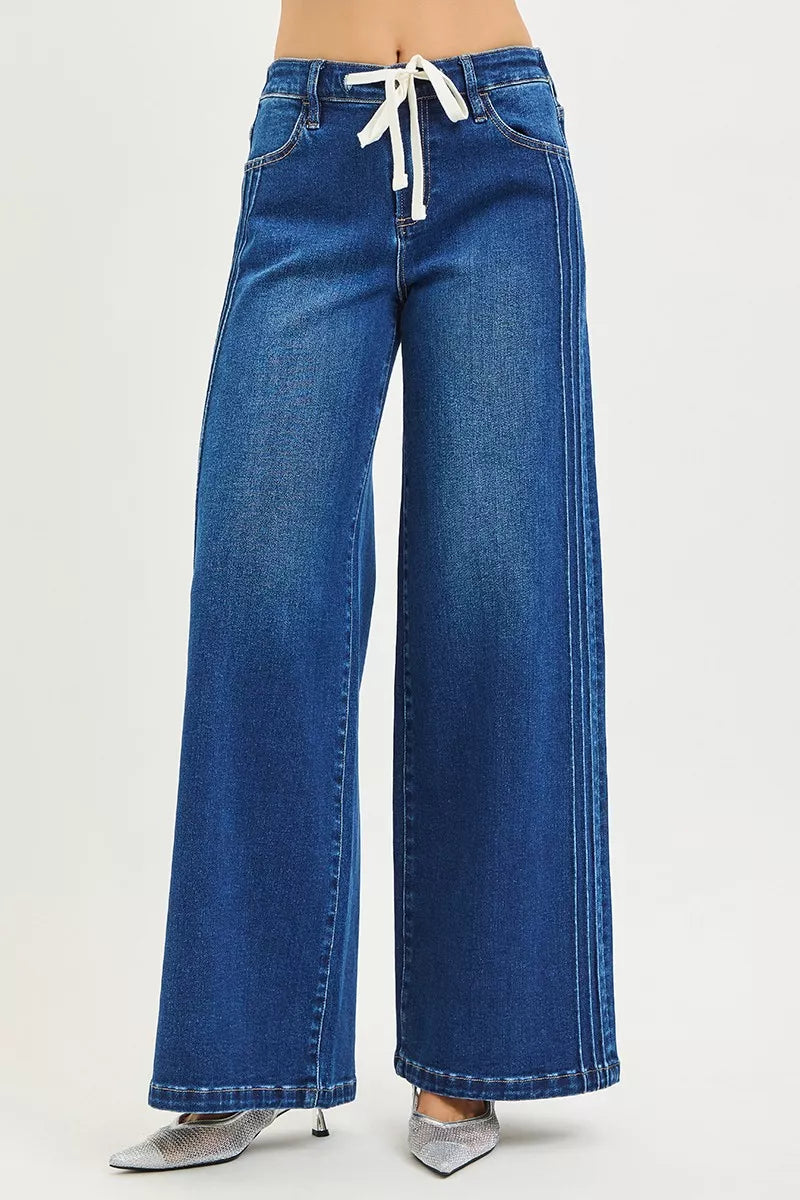 Full Size Mid Rise Wide Side Pintuck Jeans with Front Drawstring Plus Size