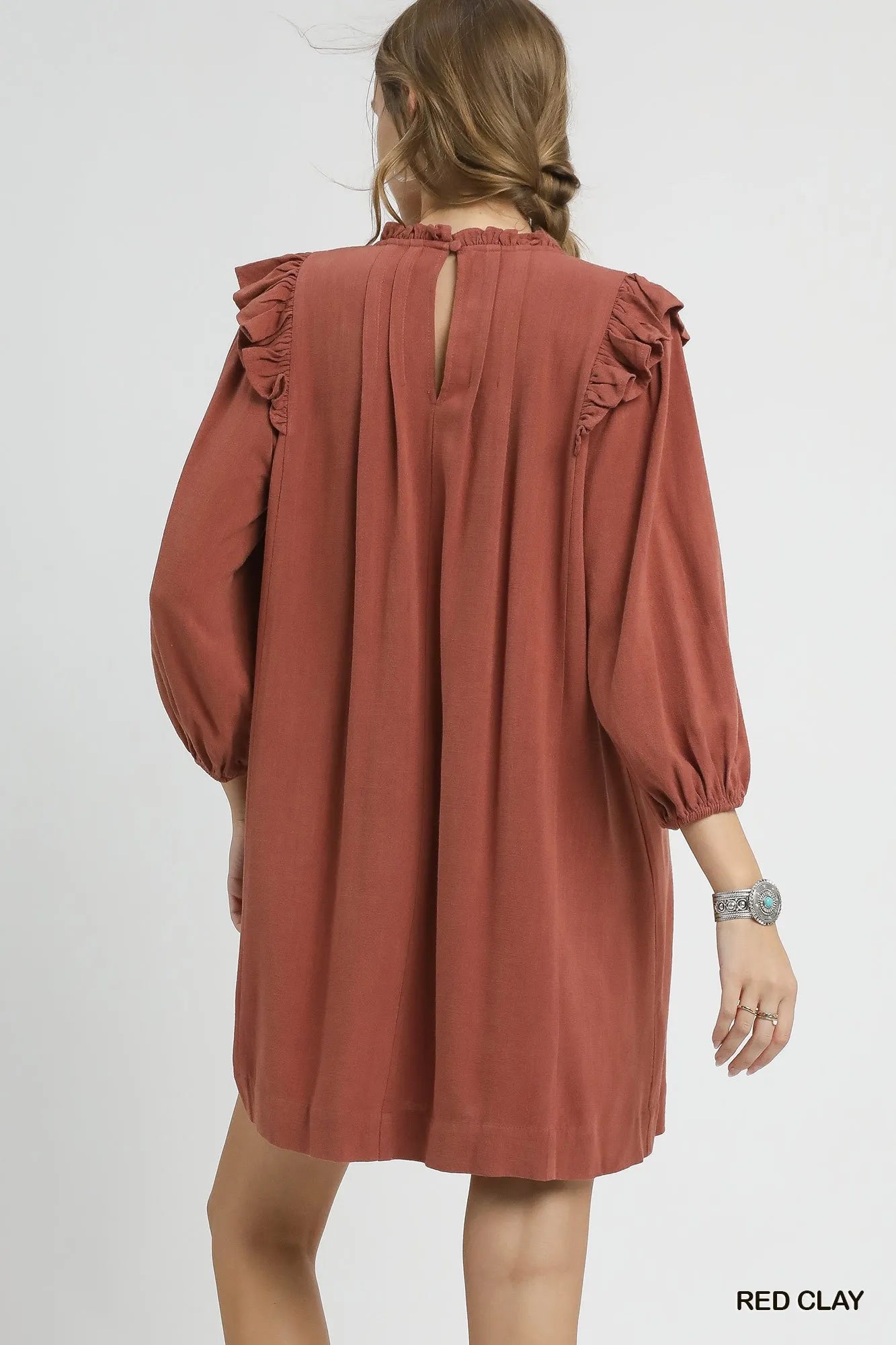 Linen Ruffle Shoulder Pleated Babydoll Dress