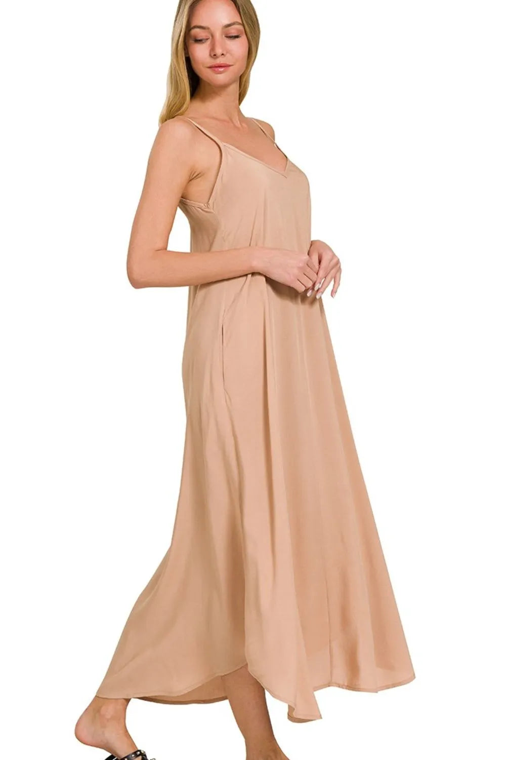 Woven Arc Hem Cami Dress With Flowy Pockets