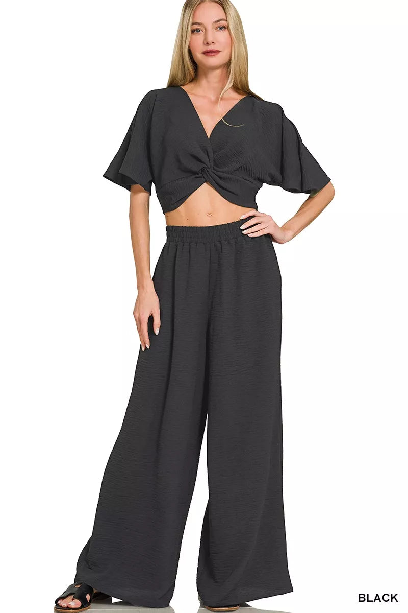 Woven Airflow Twisted Top & Wide Leg Pants Set