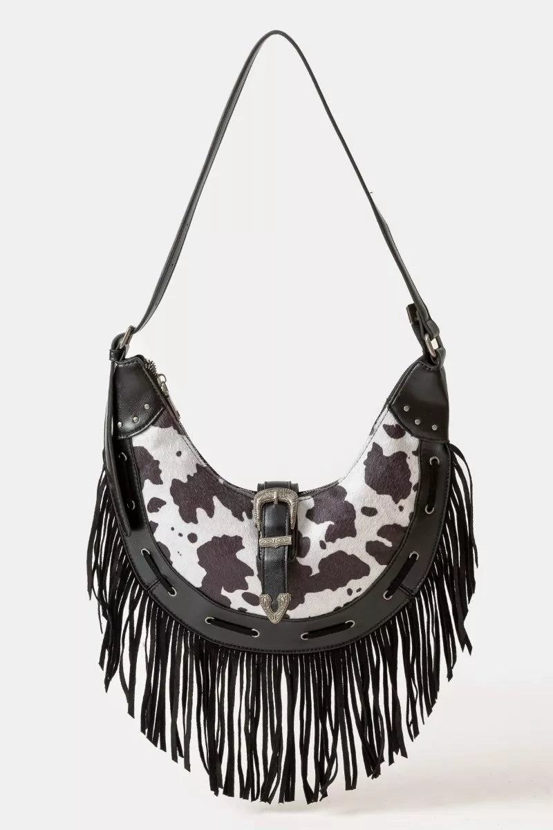 Cow Print Faux Leather Fringe Hobo Bag