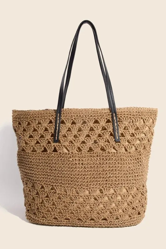 Faux Leather Handle Knitted Tote Bag