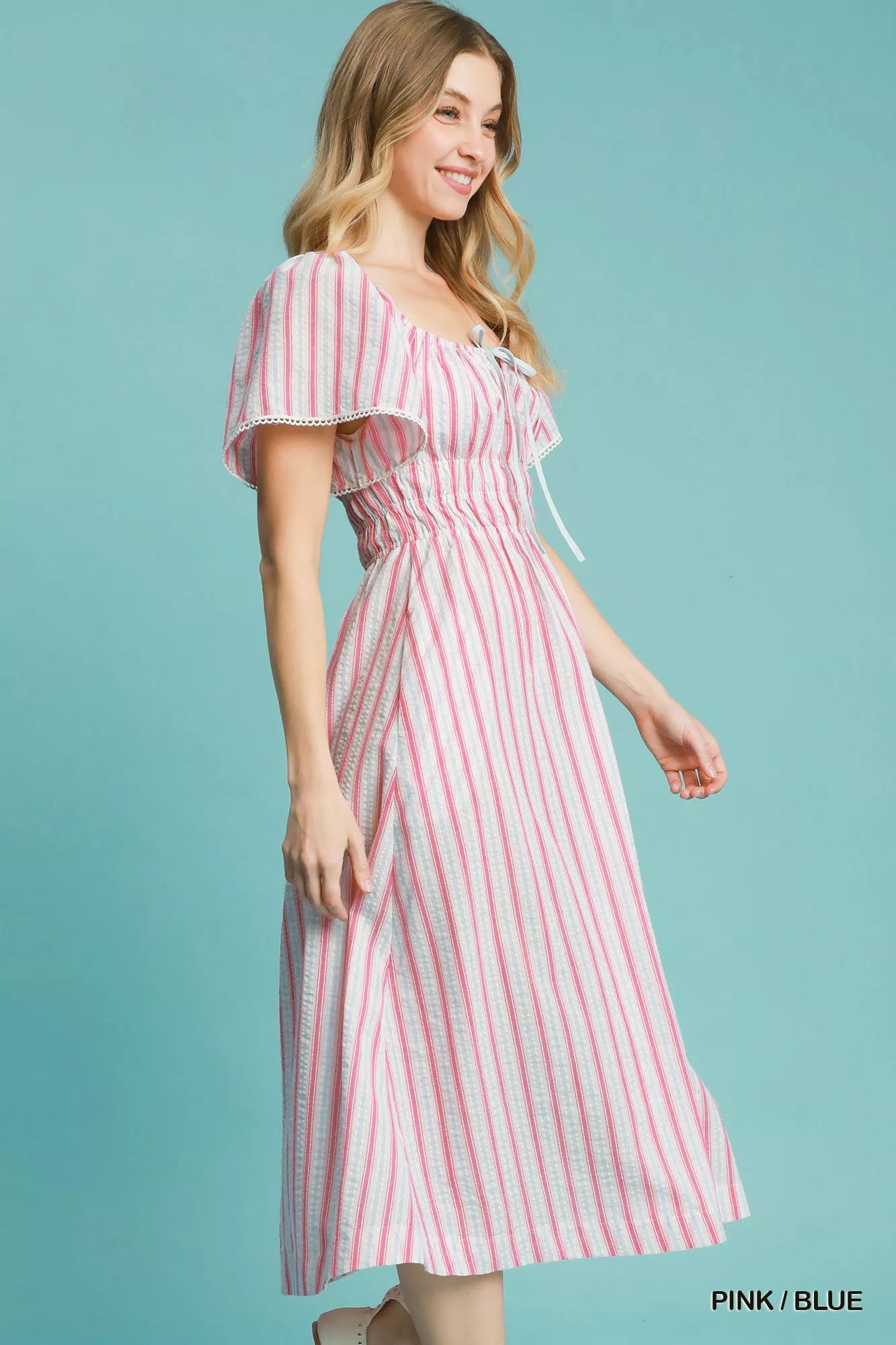 Smocked Striped Short Sleeve Midi Dress