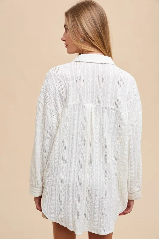 Openwork Button Down Drop Shoulder Shirt