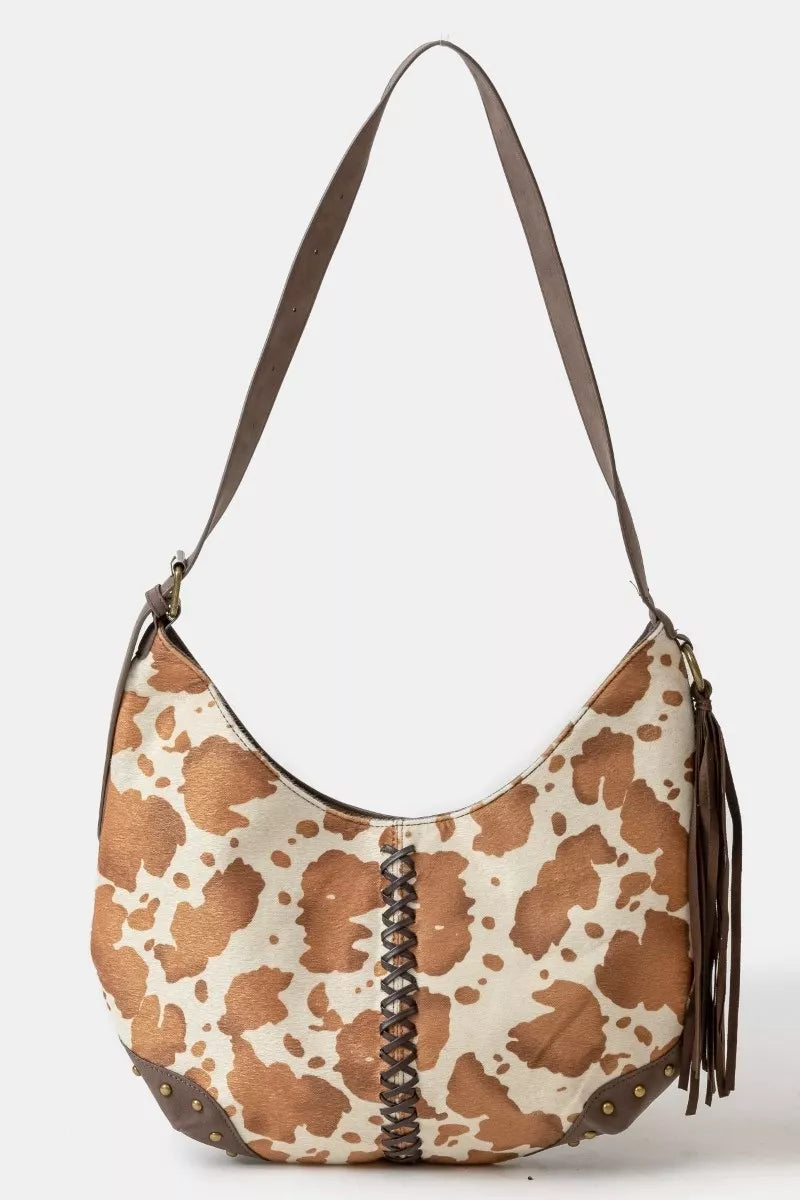 Cow Print Hobo Shoulder Bag with Studded Details