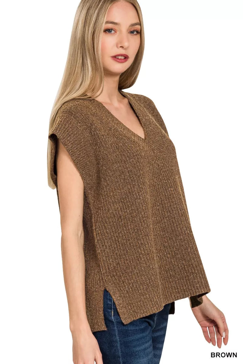 Ribbed Slit V-Neck Sweater Vest