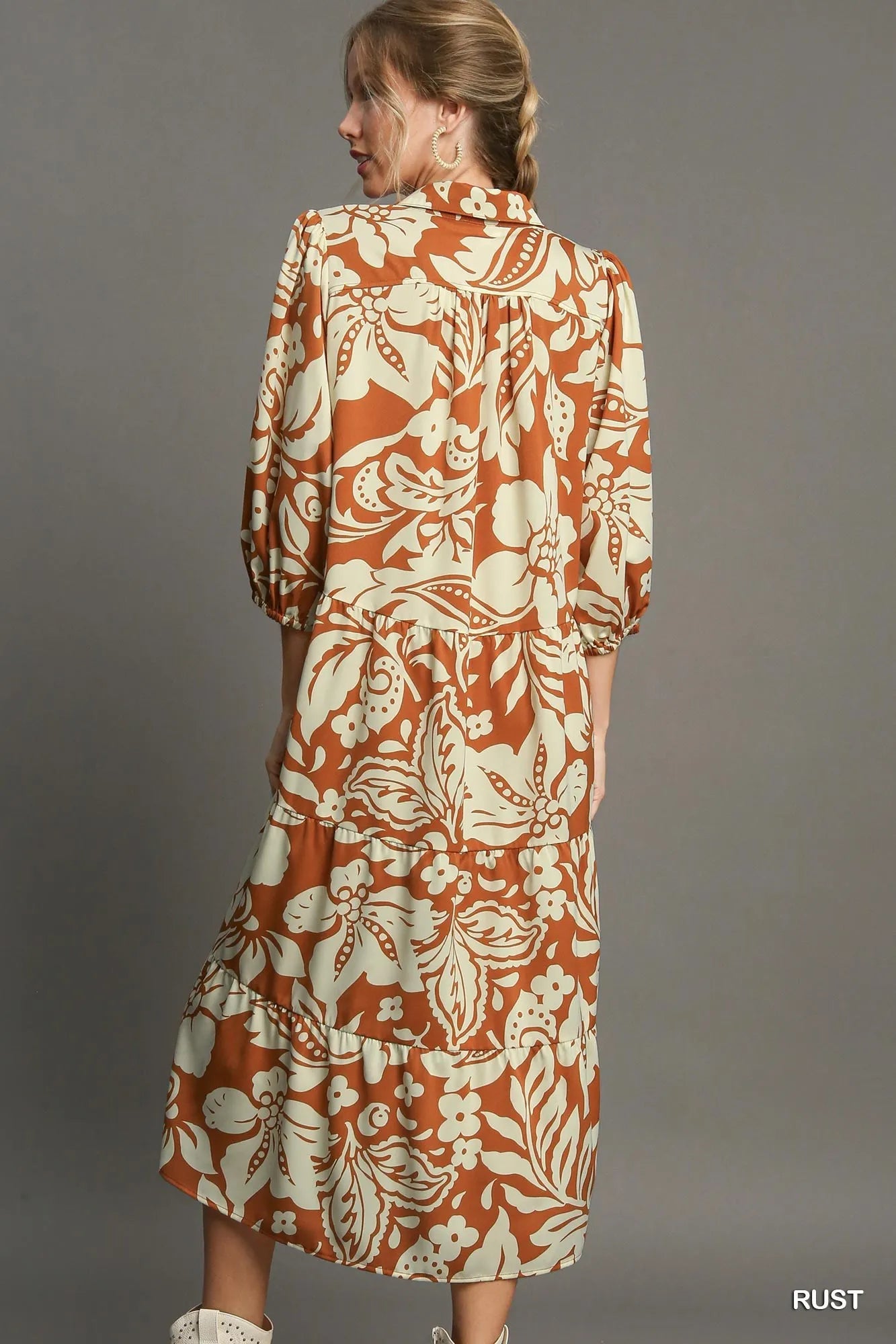 Full Size Floral Tiered Midi Shirt Dress Plus Size