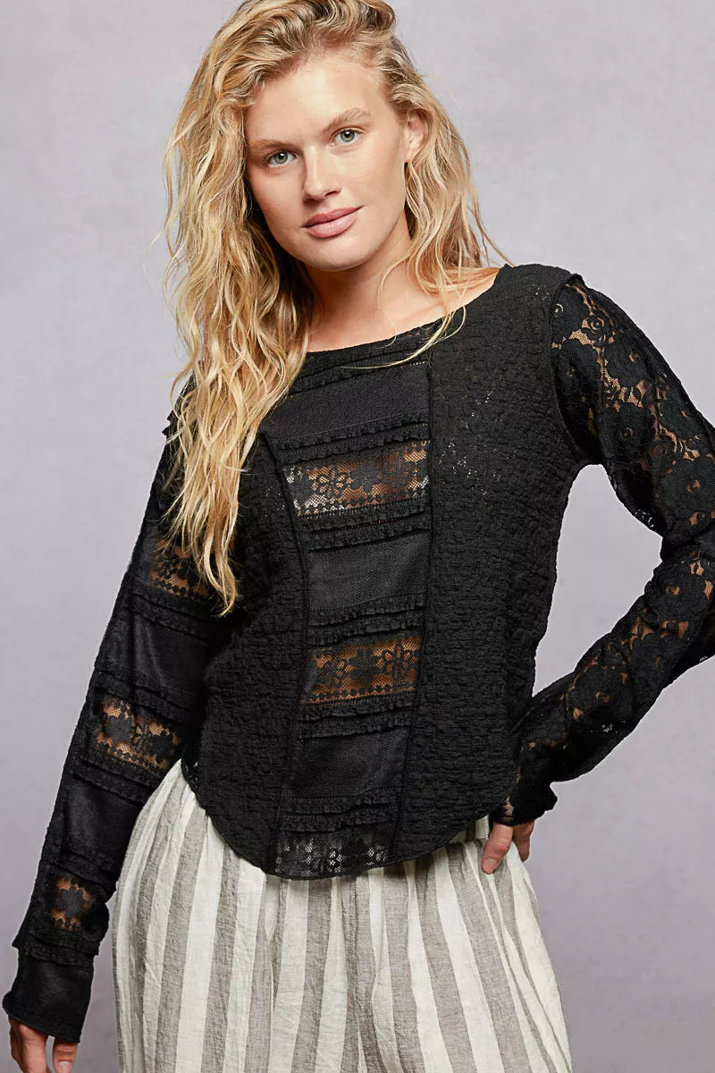 Round Neck Long Sleeve Exposed Seam Top with Lace Detail