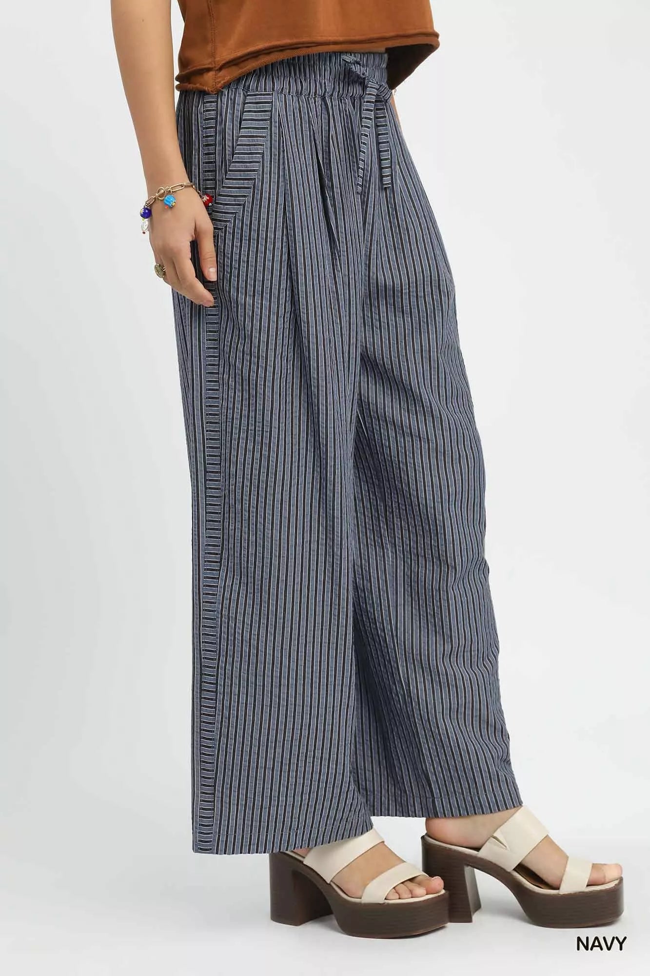 Drawstring Striped Wide-Leg Pants