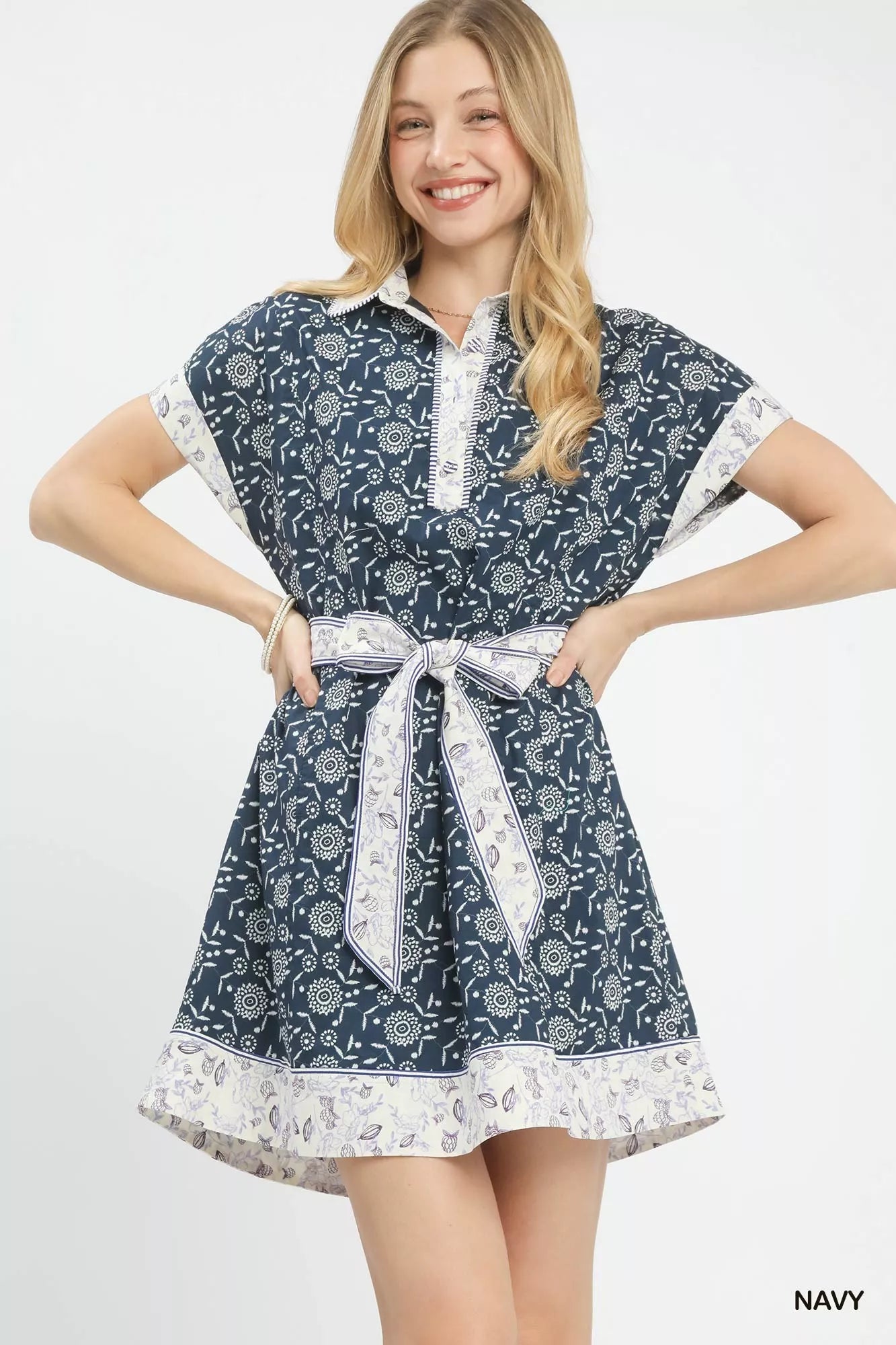 Border Print Belted Shirt Dress