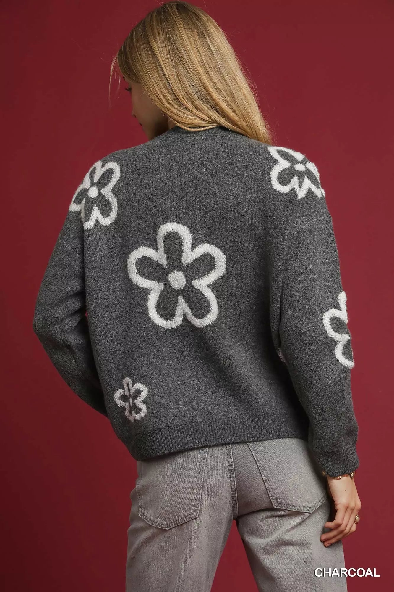 Round Neck Sweater with Floral Accents