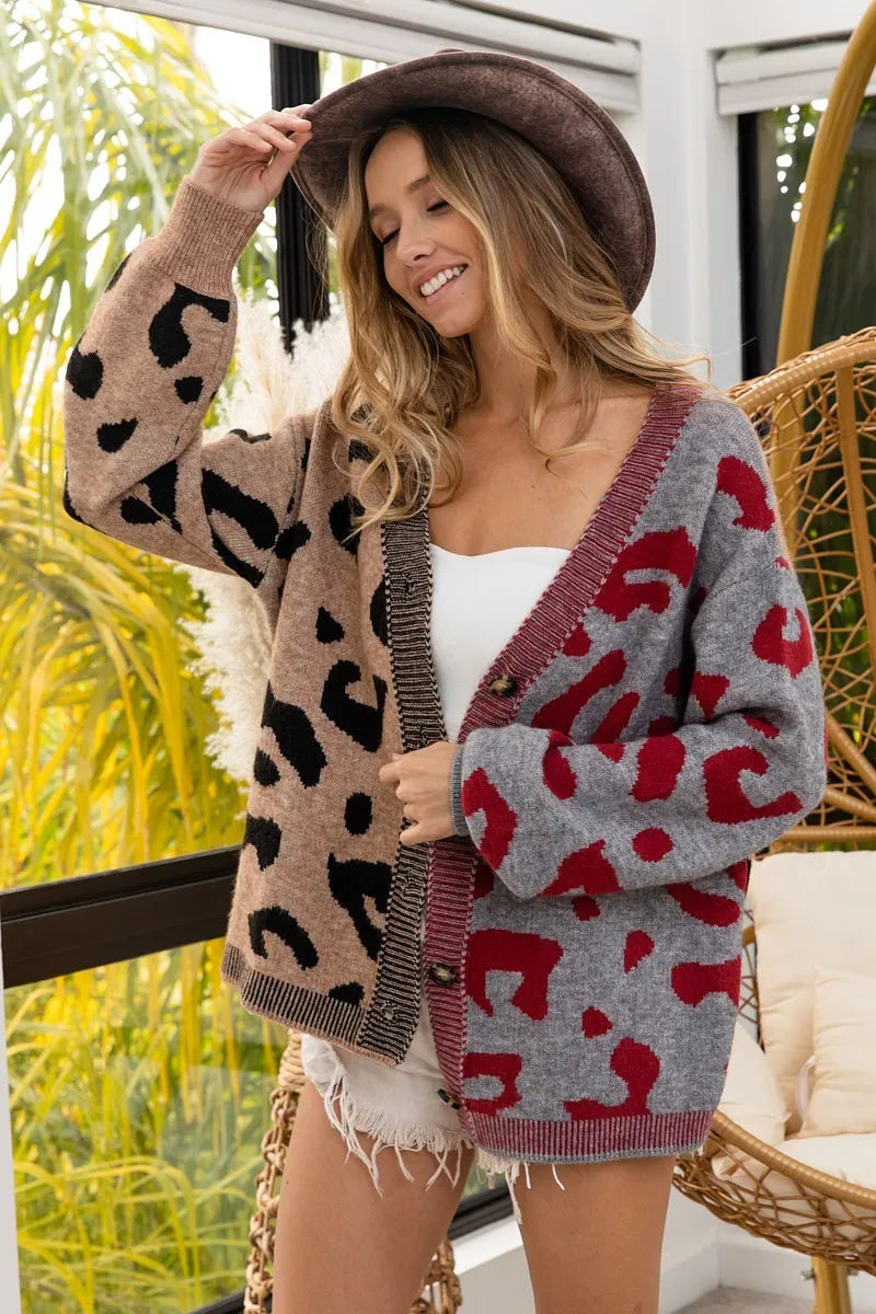 Leopard Color Block Button Down Sweater Cardigan