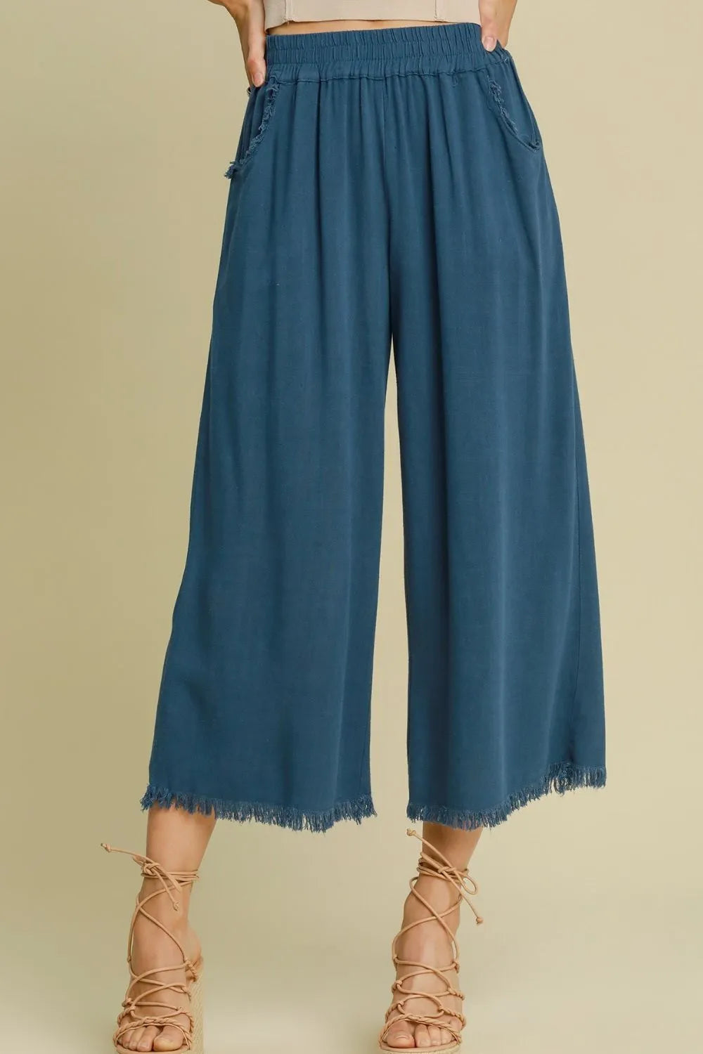 Full Size Linen Blend Elastic Waistband Wide Leg Pants Plus Size