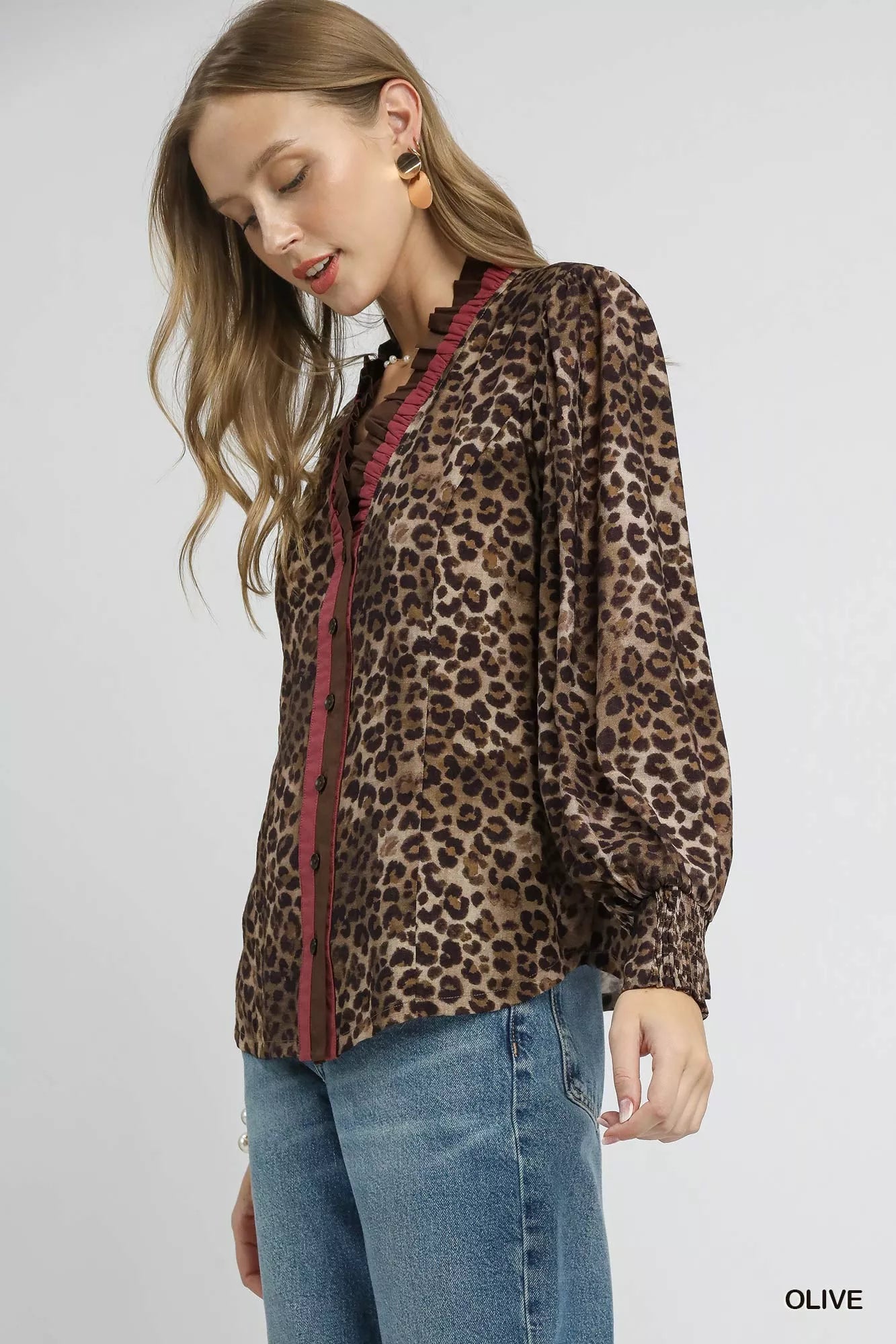 Ruffle Trim Leopard Print Shirt