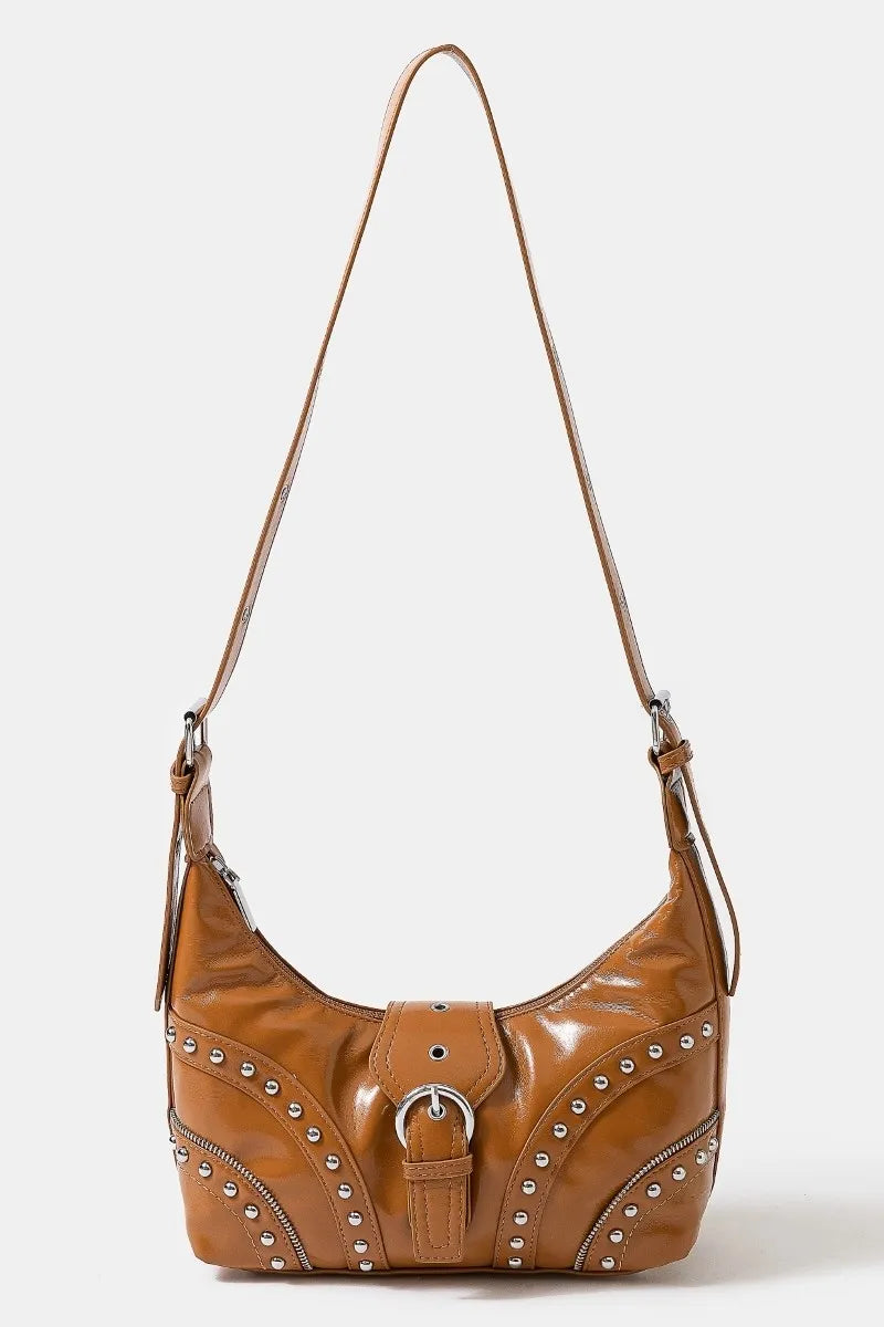 Faux Leather Studded Trim Shoulder Bag