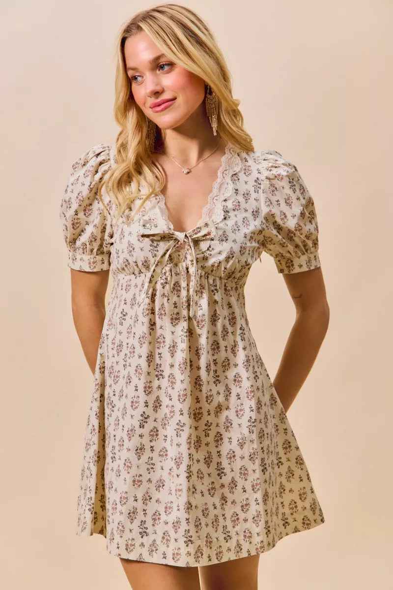 Floral Print Lace Trim Short Sleeves Mini Dress