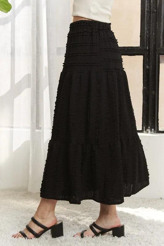 Elastic Waistband Tiered Midi Skirt