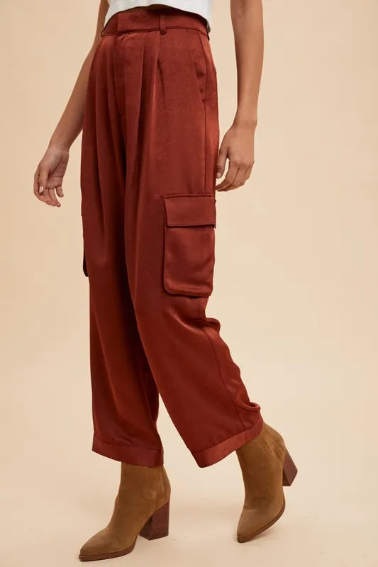 Wide Leg Cargo Satin Pants