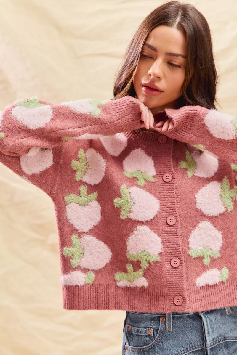 Strawberry Fruit All Over Button Sweater Cardigan