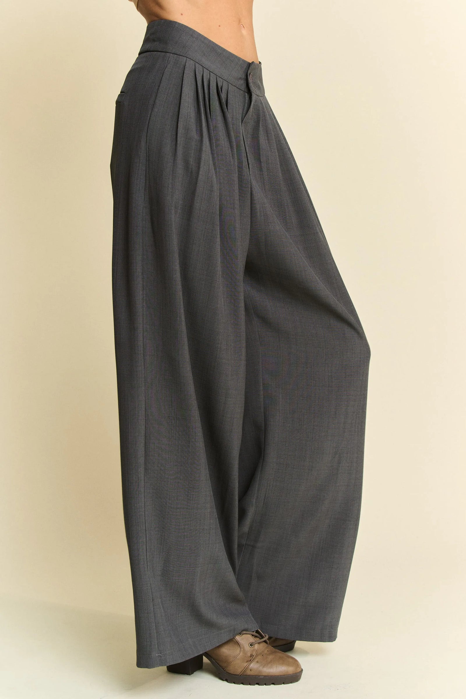 Solid Back Pocket Shirring Detail Wide Leg Pants