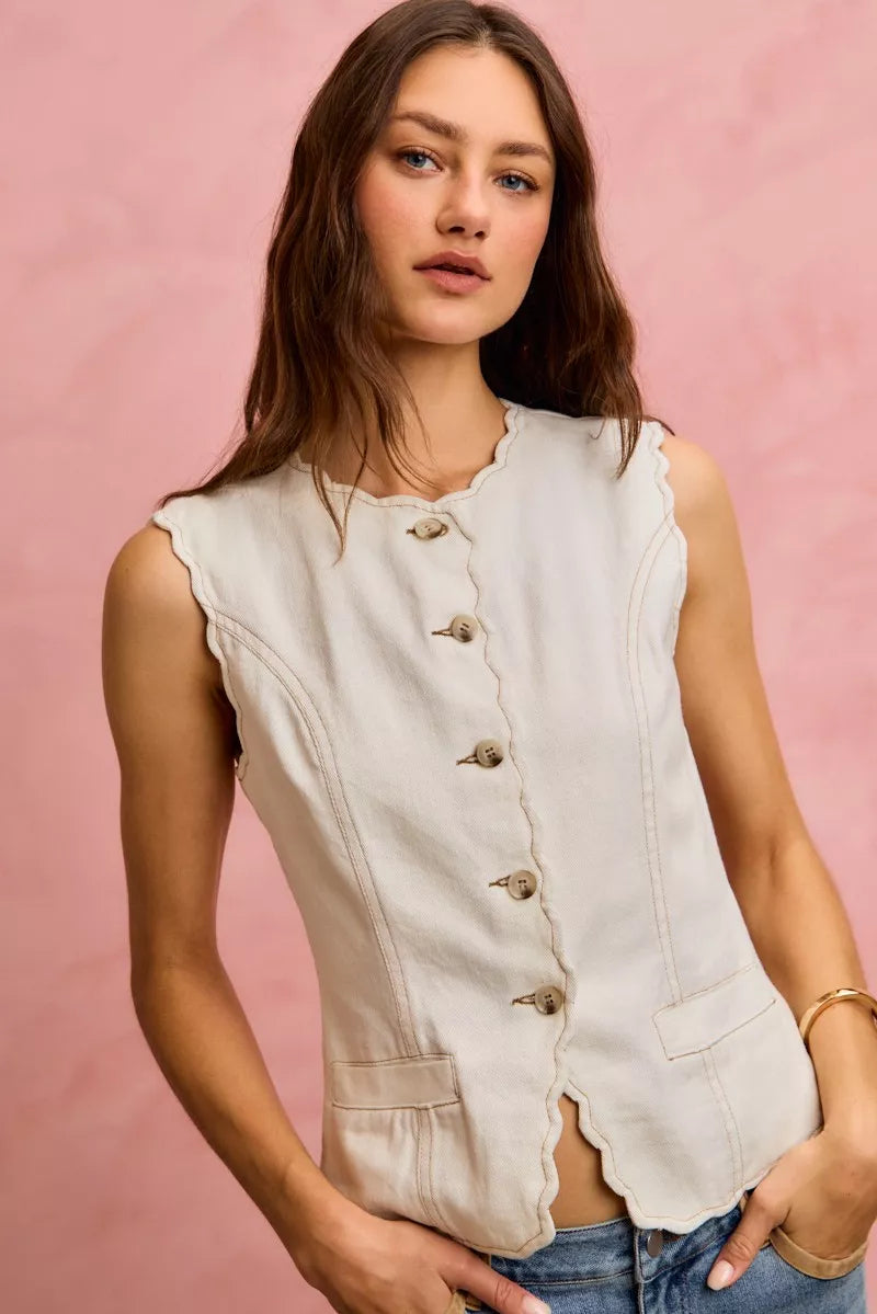 Scalloped Edge Cotton Twill Washed Vest Top