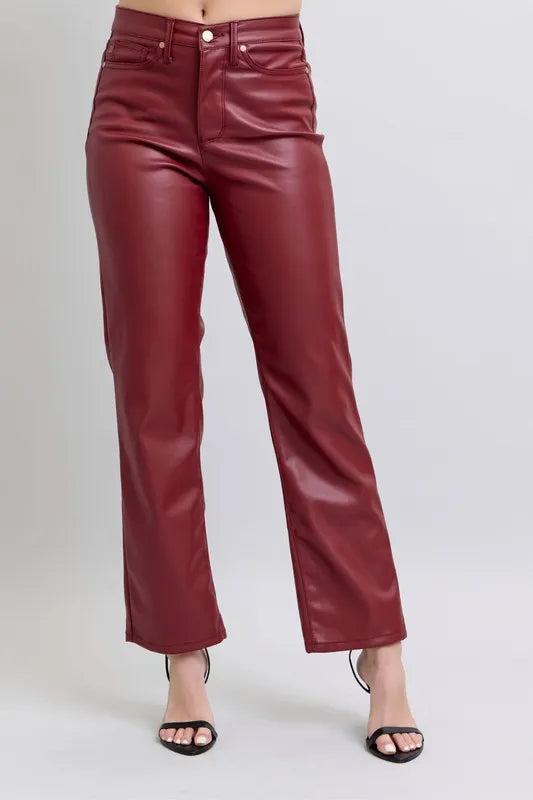 Full Size High Waist Tummy Control Faux Leather Straight Pants Plus Size