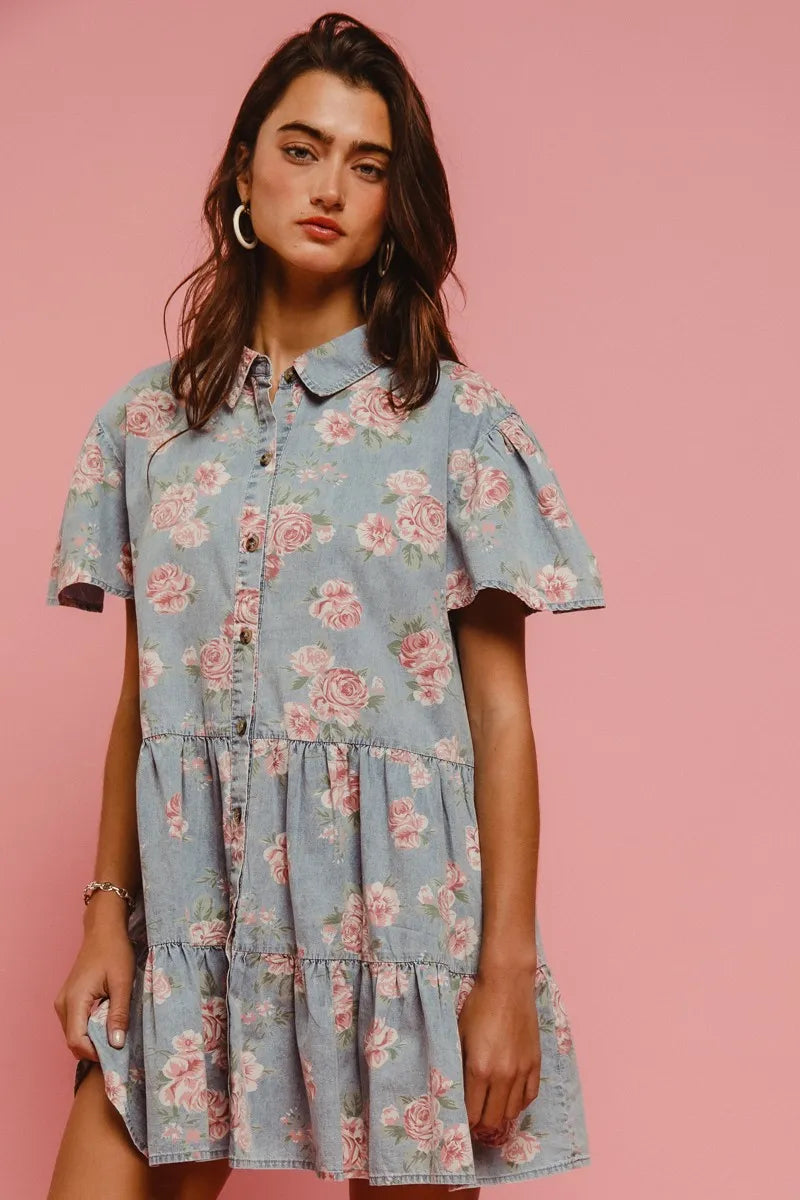 Floral Print Washed Lightweight Tiered Shirt Dress