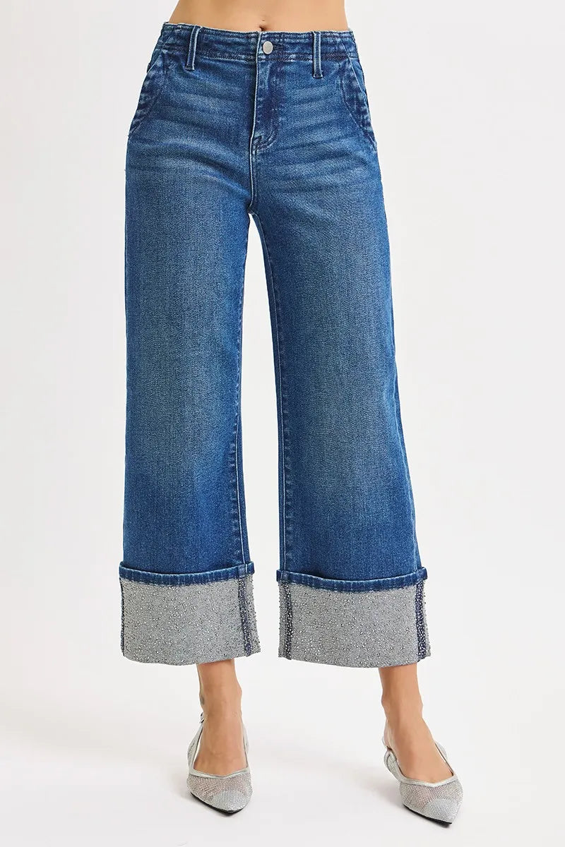 High Rise Ankle Wide Rhine Stone Cuffed Jeans