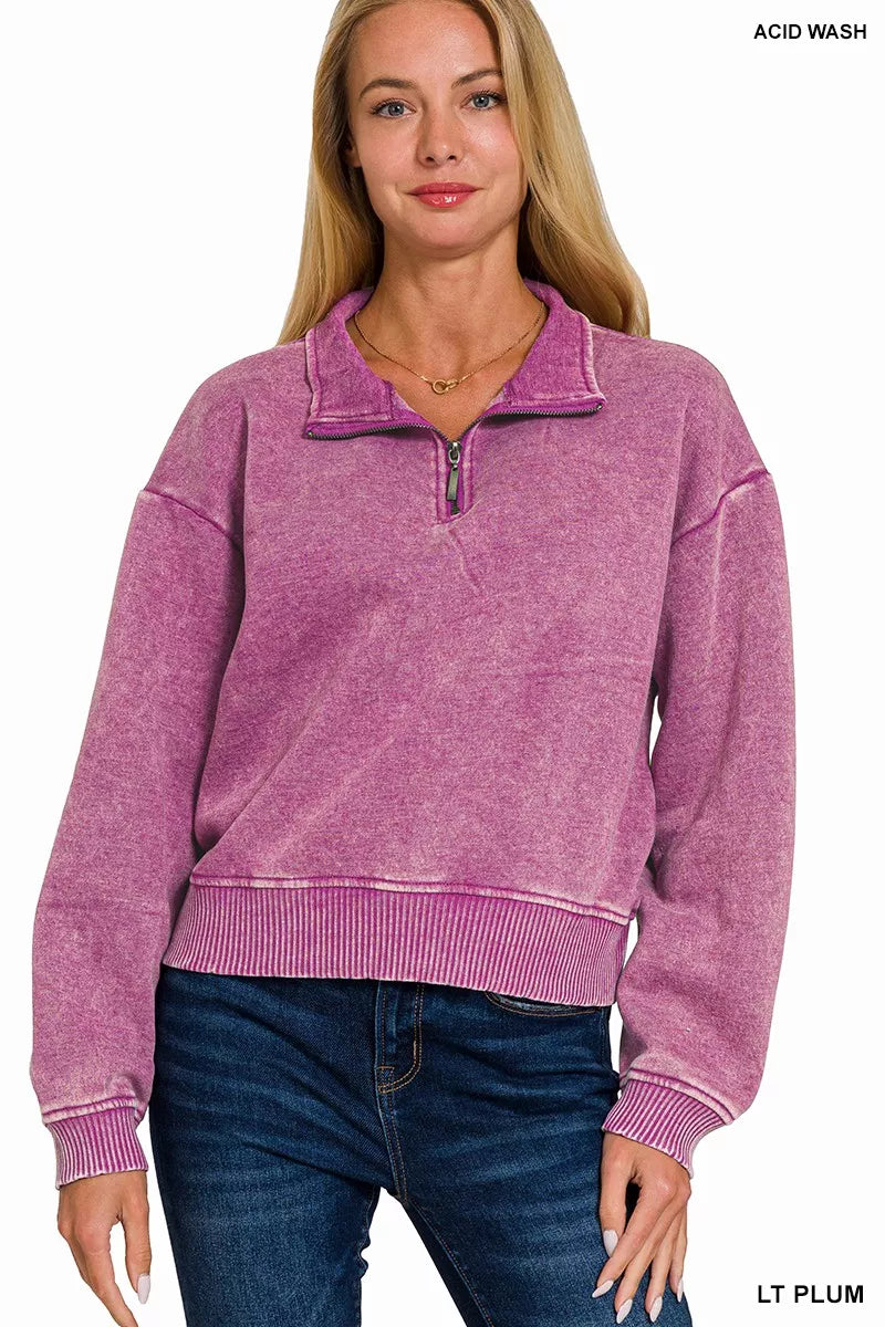 Acid Wash Fleece Half Zip Sweatshirt