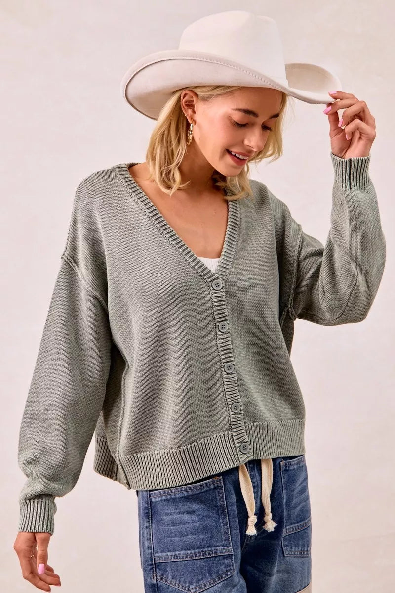 Washed Sweater V Neck Cardigan