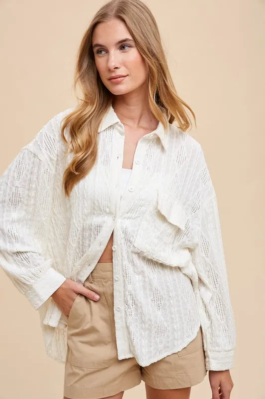 Openwork Button Down Drop Shoulder Shirt
