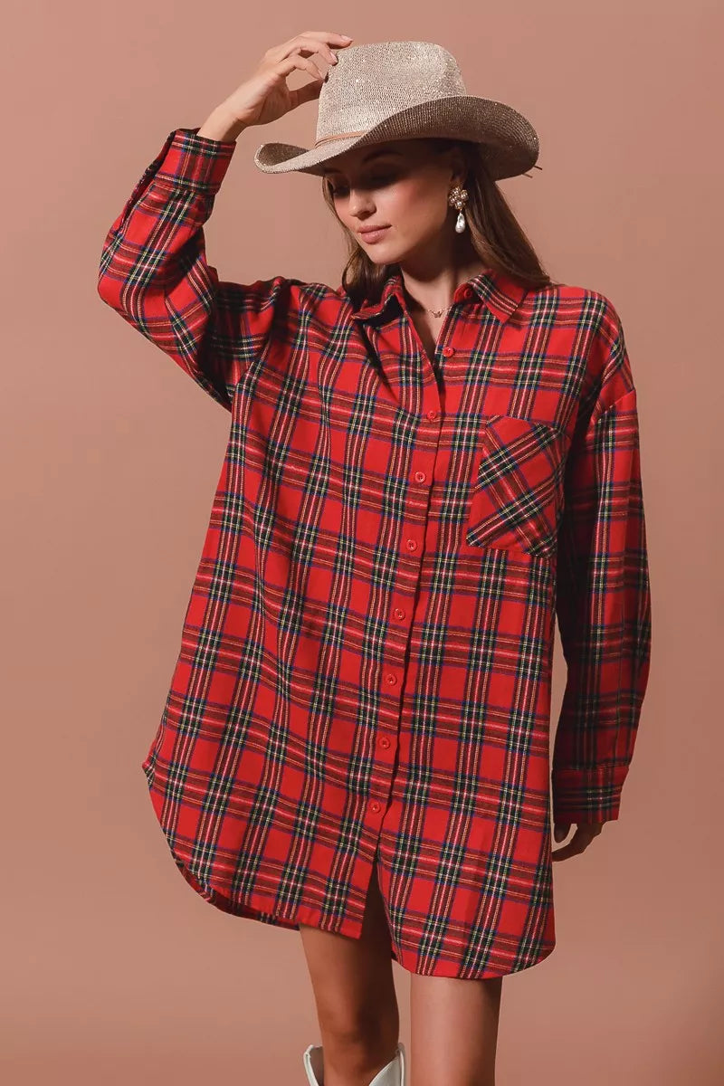 Checker Plaid Button Up Shirt Dress