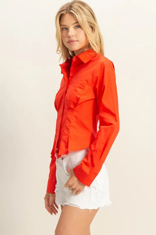Long Sleeve Pleated Waist Poplin Shirt