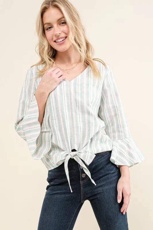 Stripe Tie Knot Front Bell Sleeve Top