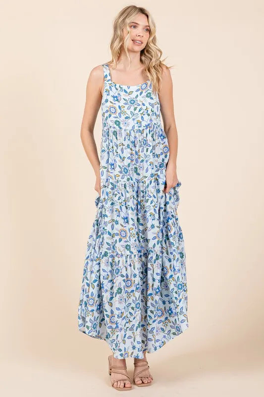 Flower Print Tiered Sleeveless Empire Maxi Dress